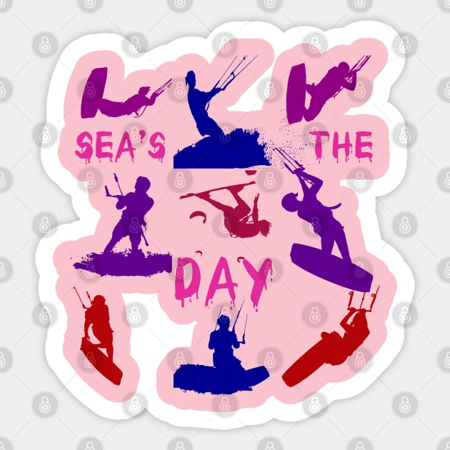 Kitesurfer Silhouette Pattern With Seas The Day Quote Sticker by taiche